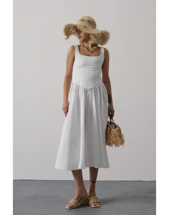 Askılı Uzun Elbise - Beyaz