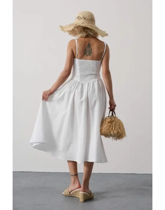 Askılı Uzun Elbise - Beyaz