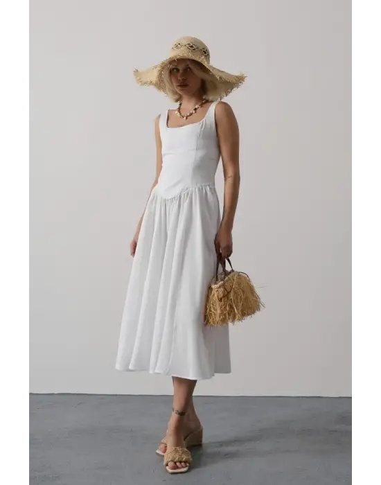 Omarı Zarif Beyaz Uzun Elbise