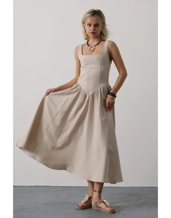 Askılı Uzun Elbise - Taş