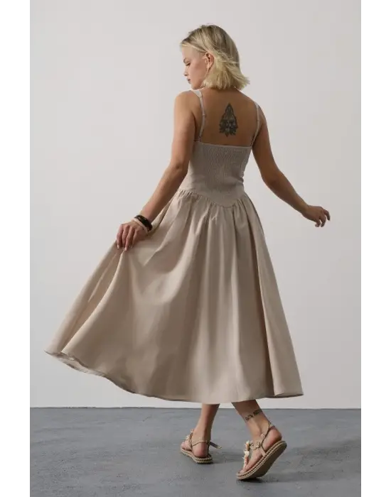 Askılı Uzun Elbise - Taş