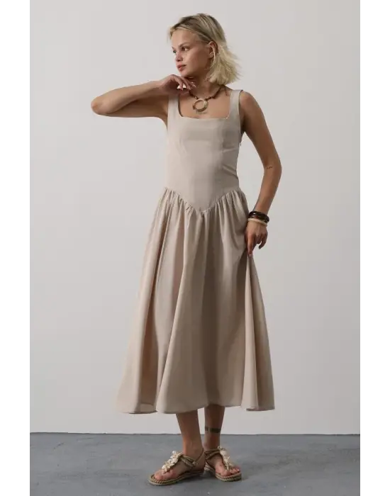 Askılı Uzun Elbise - Taş