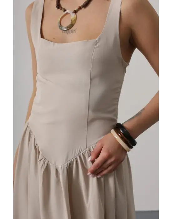 Askılı Uzun Elbise - Taş