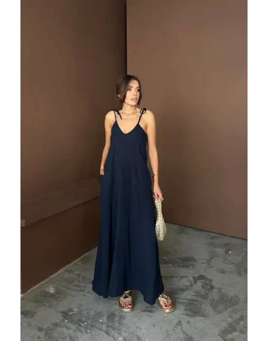 ASKILI UZUN SALAŞ MÜSLİN ELBİSE - Lacivert