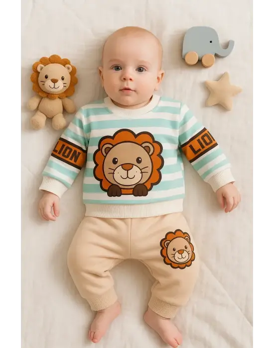 Aslan Desenli 2li % 100 Pamuk Erkek Bebek Takımı