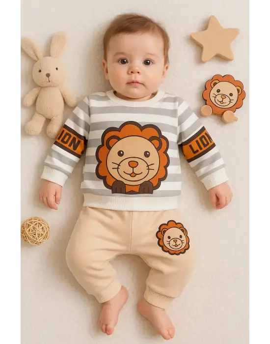 Aslan Desenli 2li % 100 Pamuk Erkek Bebek Takımı