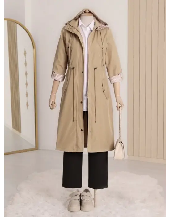 Omarı Trendy Astar Desenli Trençkot - Açık Vizon