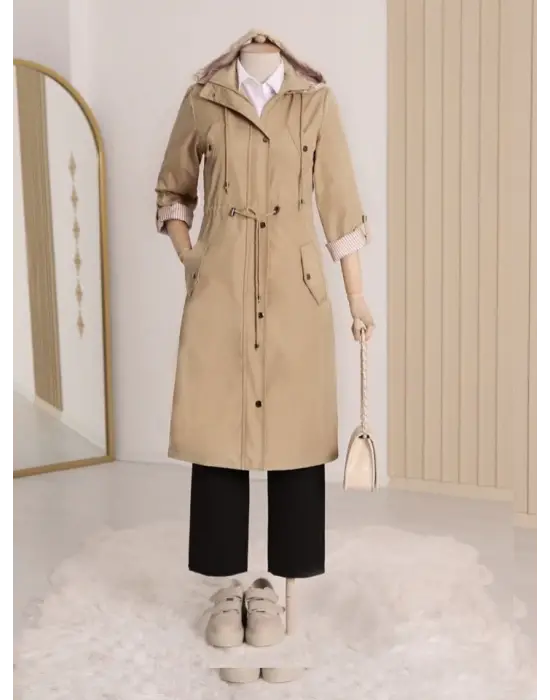 Omarı Trendy Astar Desenli Trençkot - Açık Vizon