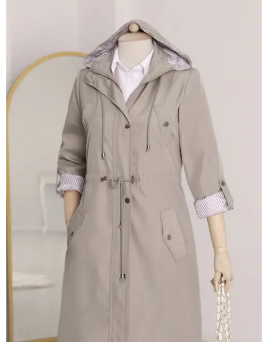 Astarı Çizgili Trençkot  -Gri