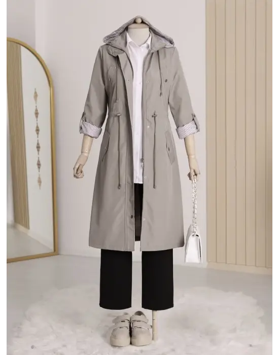 Astarı Çizgili Trençkot  -Gri