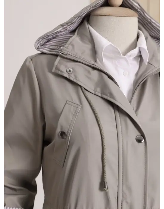 Astarı Çizgili Trençkot  -Gri