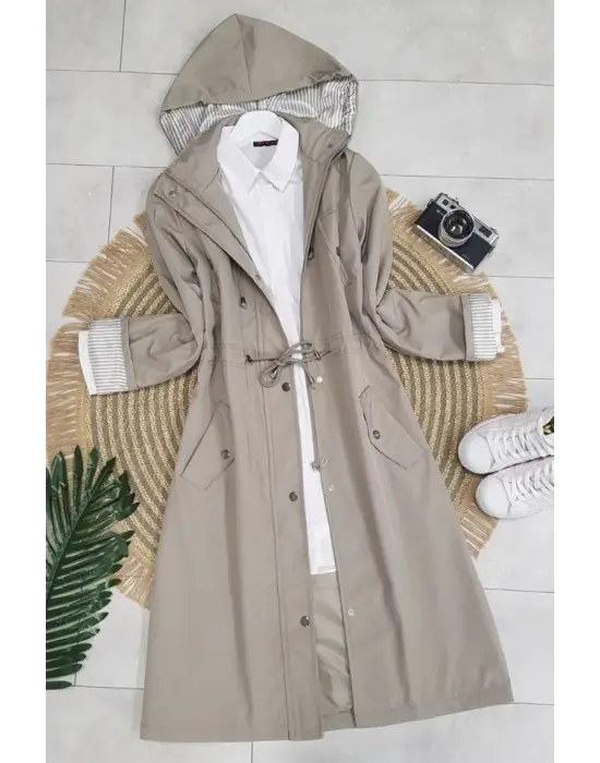 Astarı Çizgili Trençkot  -Gri