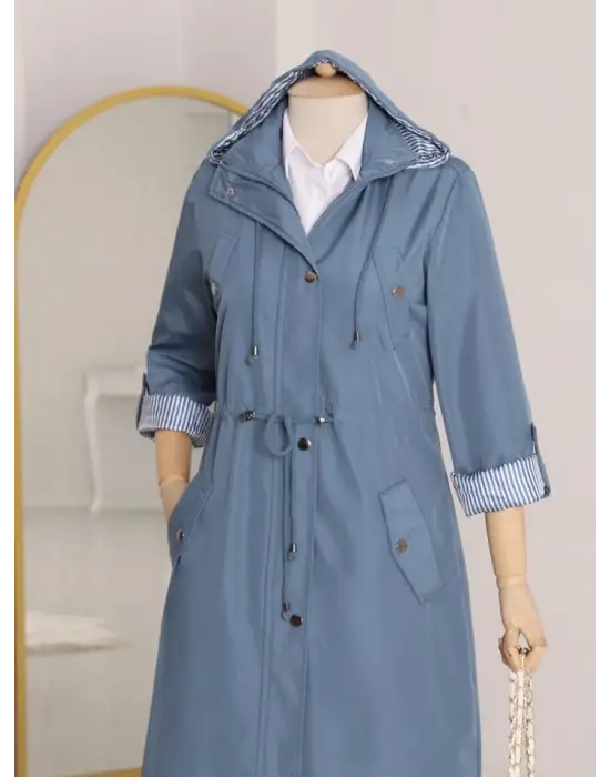 Astarı Çizgili Trençkot      -İndigo