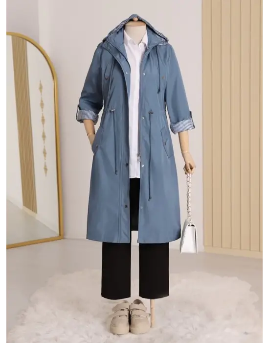 Omarı Çizgili Trençkot - İndigo Renk Seçeneği