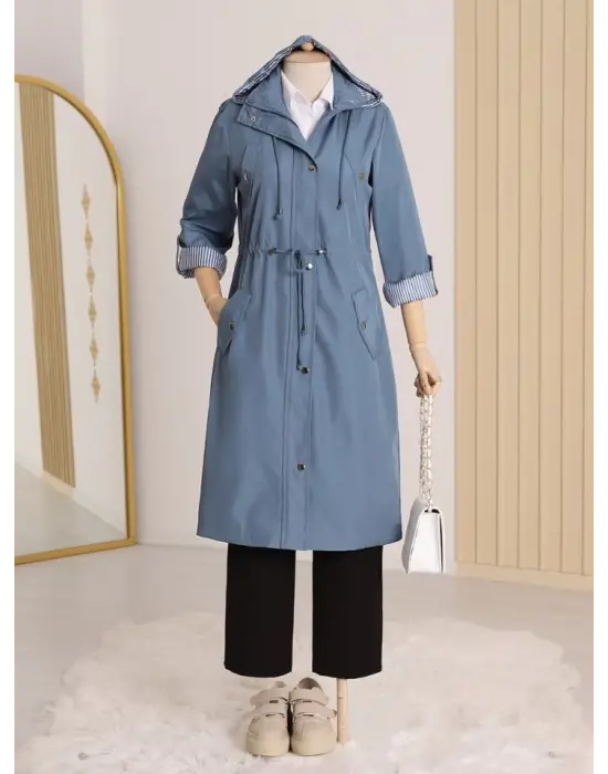 Astarı Çizgili Trençkot      -İndigo