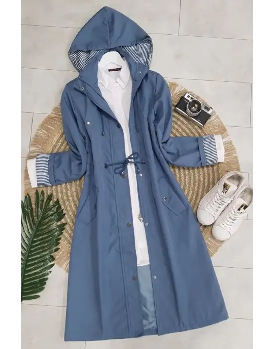 Omarı Çizgili Trençkot - İndigo Renk Seçeneği