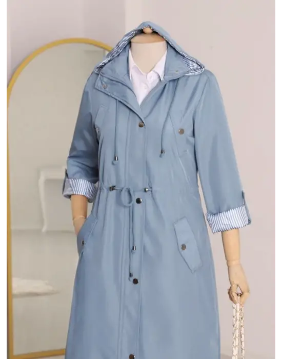 Astarı Çizgili Trençkot     -Mavi