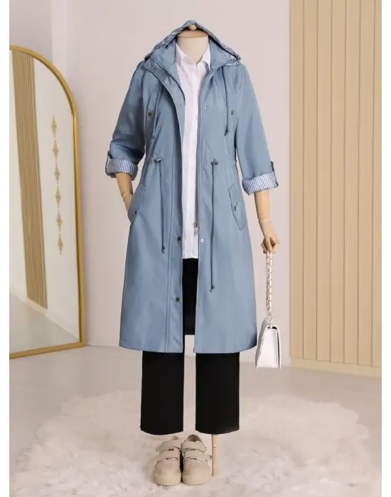 Astarı Çizgili Trençkot     -Mavi