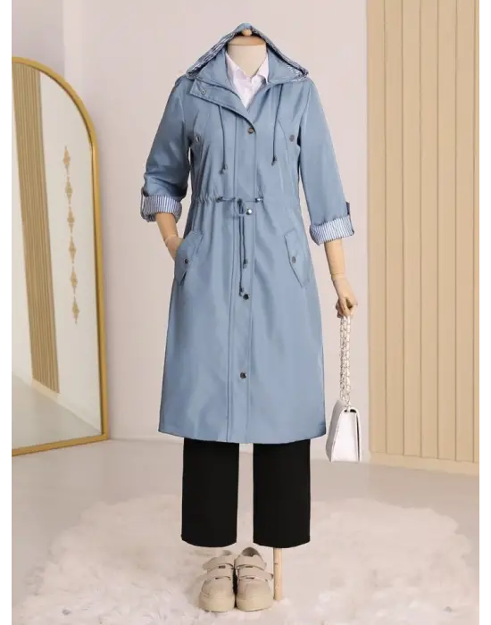 Astarı Çizgili Trençkot     -Mavi