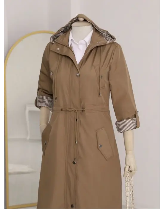 Astarı Çizgili Trençkot        -Taba