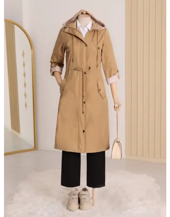 Astarı Çizgili Trençkot      -Vizon