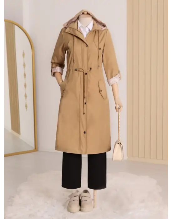 Omarı Çizgili Trençkot - Vizon-Tarzını Keşfet!