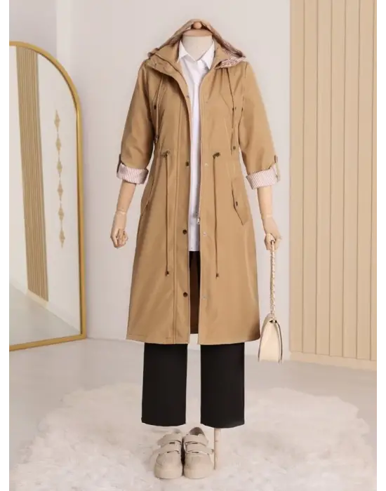 Omarı Çizgili Trençkot - Vizon-Tarzını Keşfet!