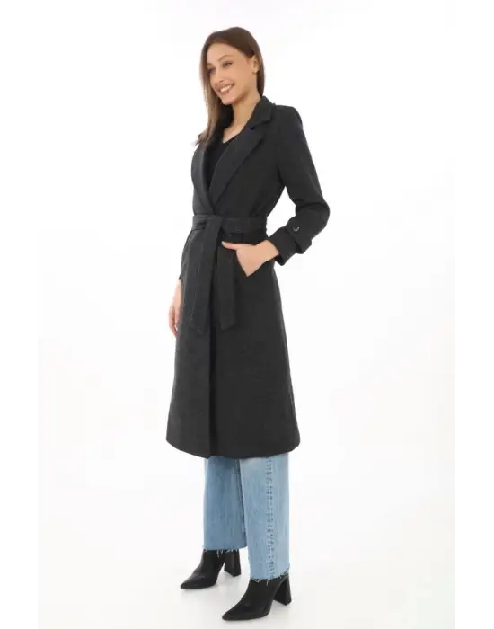 Astarlı Balık Sırtı Kaşmir Kaşe Kaban - Siyah