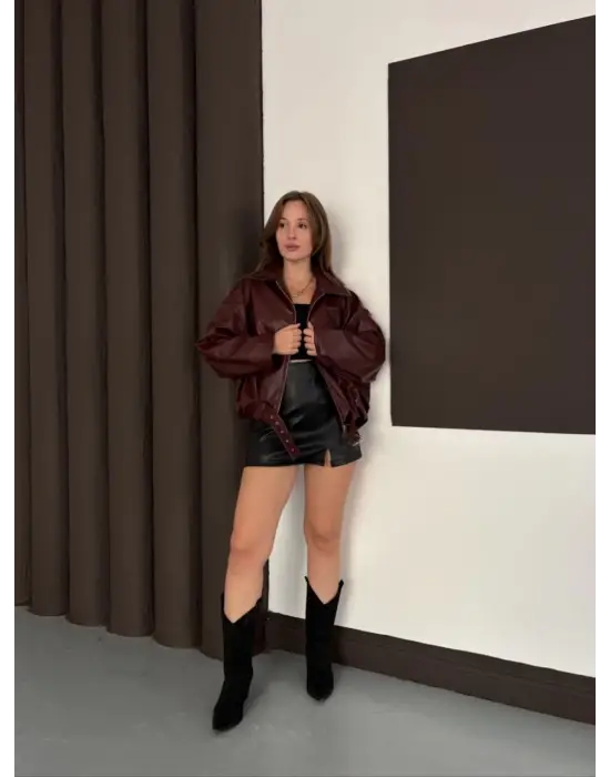 Astarlı kemerli pb deri ceket bordo onst