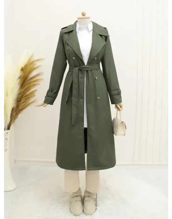 Astarlı Kemerli Trenckot -Haki