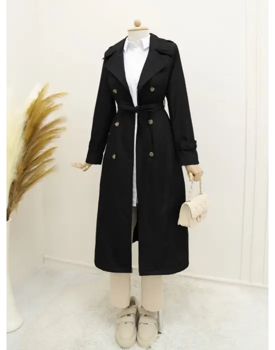 Astarlı Kemerli Trenckot -Siyah