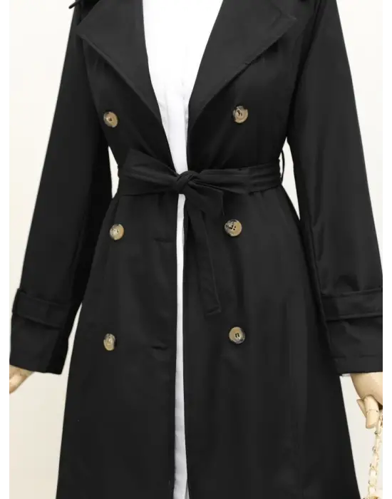 Astarlı Kemerli Trenckot -Siyah