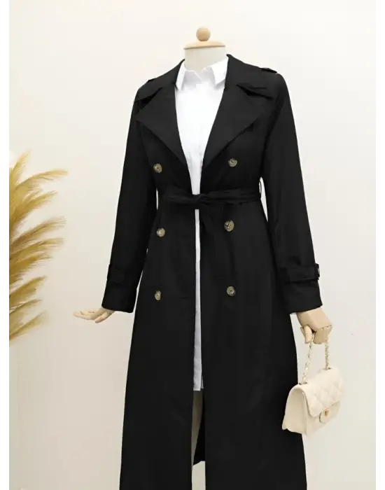 Astarlı Kemerli Trenckot -Siyah