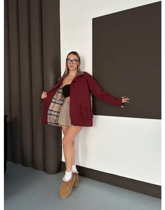 Astarlı yaka detaylı artos ceket bordo st2651019