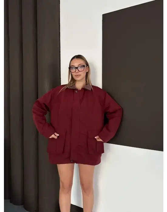 Astarlı yaka detaylı artos ceket bordo st2651019