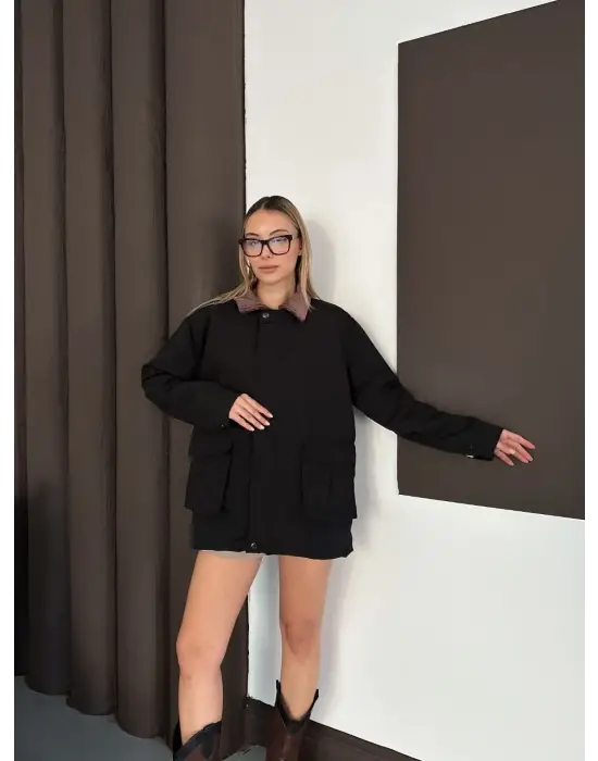 Astarlı yaka detaylı artos ceket siyah st2651019