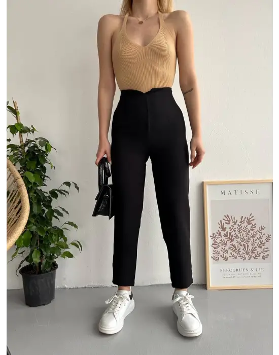 Omarı Siyah Atlas Fletolu Pantolon