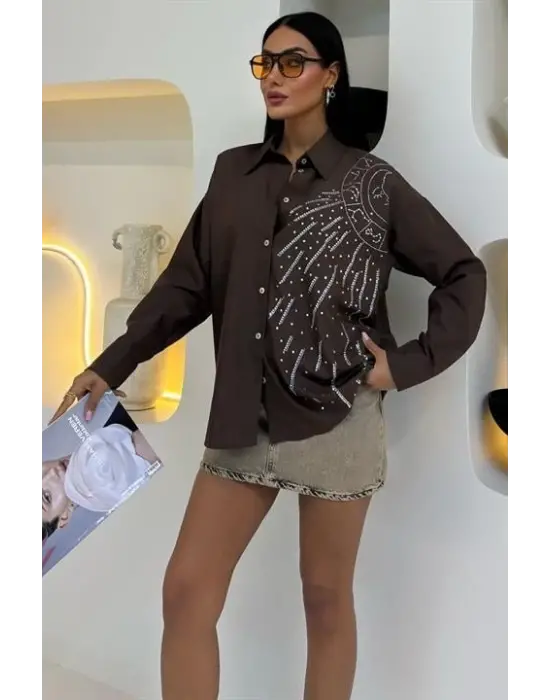 Omarı Zarif Taş İşlemeli Poplin Gömlek