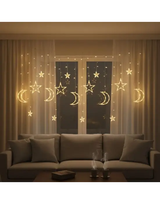 Ay ve Yıldız Figürlü Kumandalı 12 Sarkıtlı 120 LED Dekor Işık – Dekoratif Ortam ve Masaüstü Aydınlatması