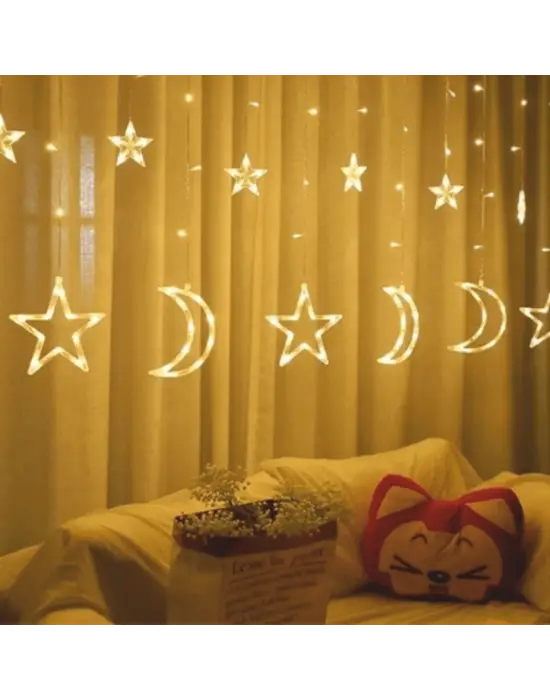 Ay ve Yıldız Figürlü Kumandalı 12 Sarkıtlı 120 LED Dekor Işık – Dekoratif Ortam ve Masaüstü Aydınlatması