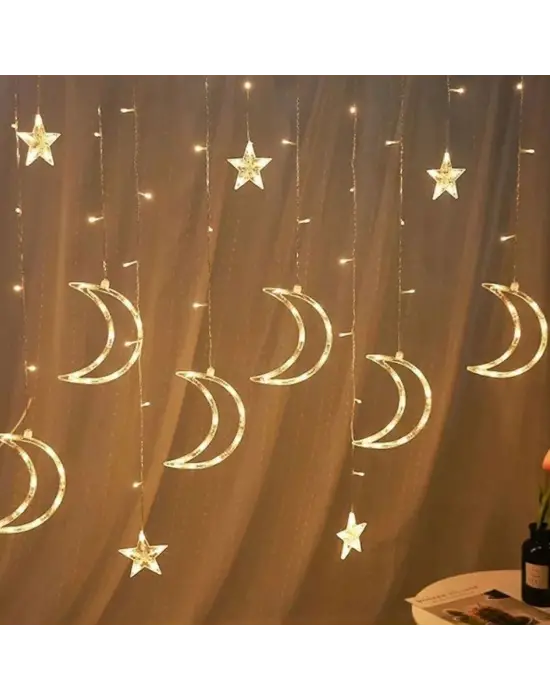 Ay ve Yıldız Figürlü Kumandalı 12 Sarkıtlı 120 LED Dekor Işık – Dekoratif Ortam ve Masaüstü Aydınlatması