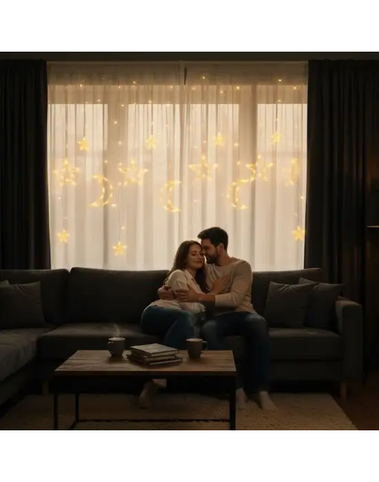 Ay ve Yıldız Figürlü Kumandalı 12 Sarkıtlı 120 LED Dekor Işık – Dekoratif Ortam ve Masaüstü Aydınlatması