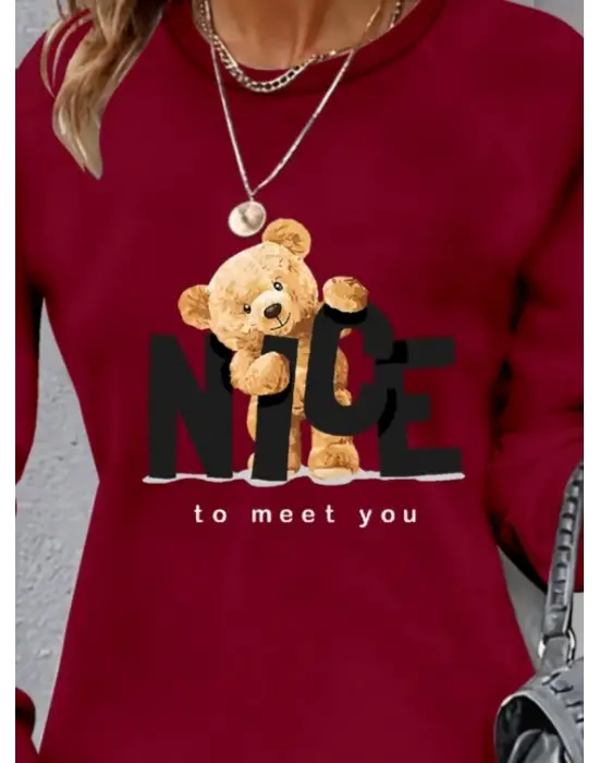 Omarı Hafif ve Rahat Ayı Desenli Elbise