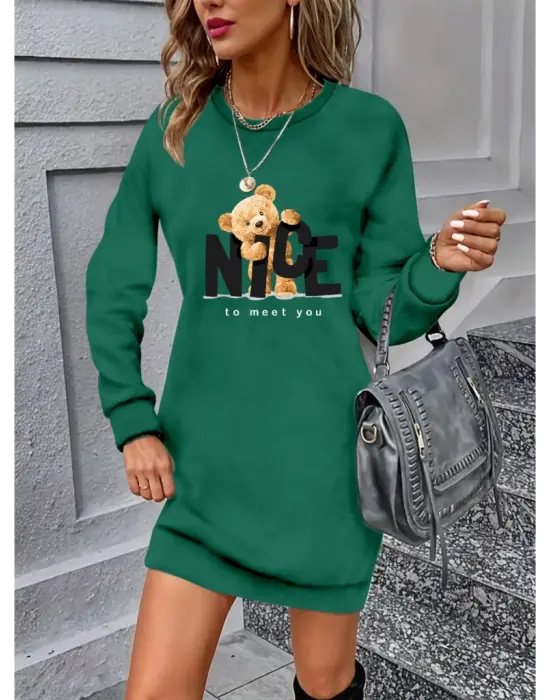 Omarı Elegan Kadın Ayı Desenli Elbise