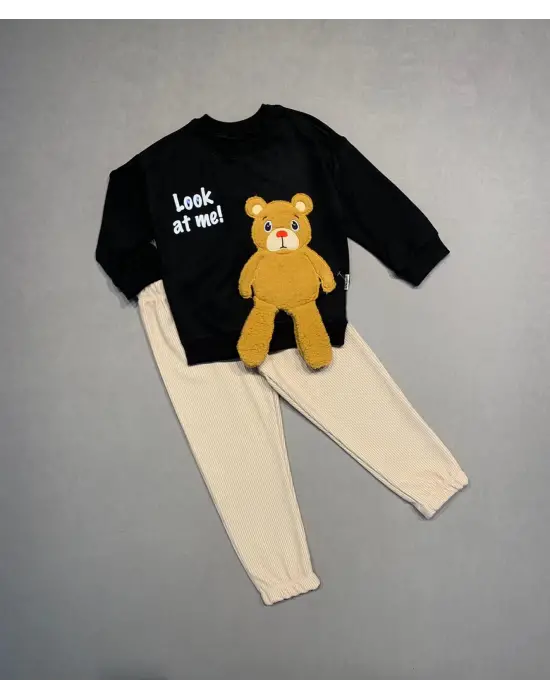 Omarı Sallanan Ayak Desenli Çocuk Takımı - Siyah