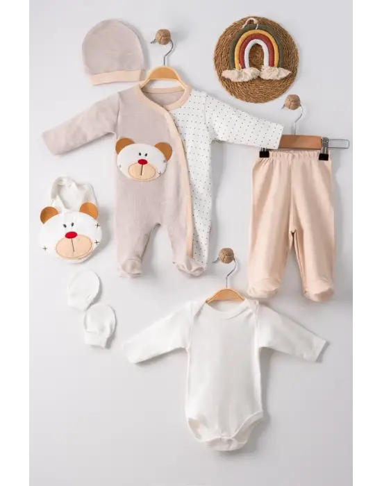Ayıcık Nakışlı Tulumlu % 100 Pamuk Erkek Bebek 5li Set