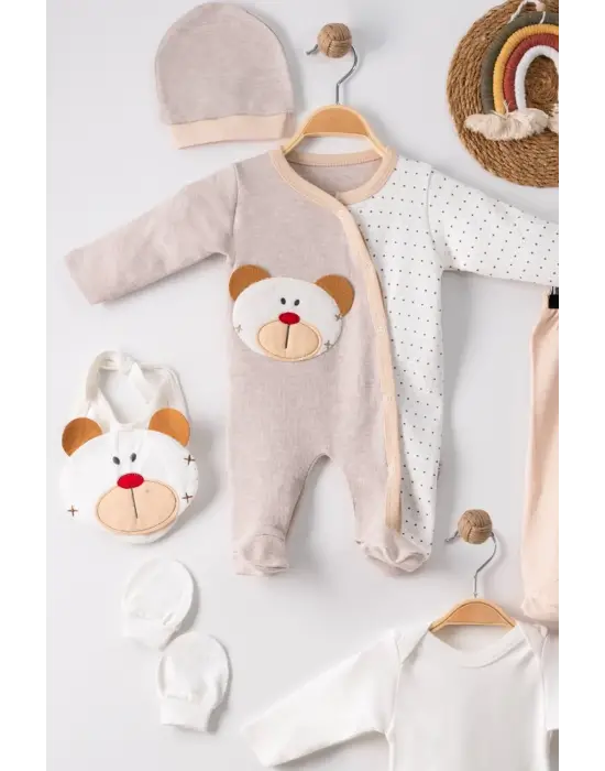 Ayıcık Nakışlı Tulumlu % 100 Pamuk Erkek Bebek 5li Set