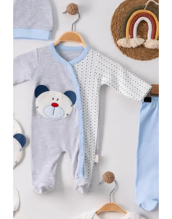 Ayıcık Nakışlı Tulumlu % 100 Pamuk Erkek Bebek 5li Set