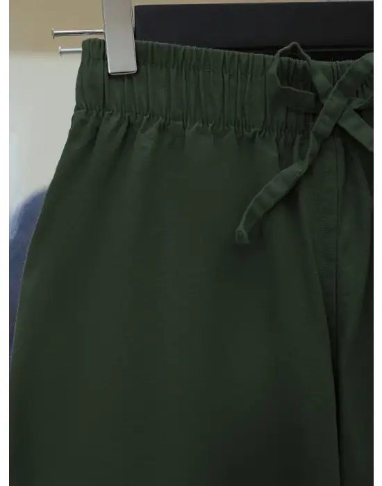 Bağcık Detaylı Bol Paça Beli Lastikli Keten Pantolon -Haki