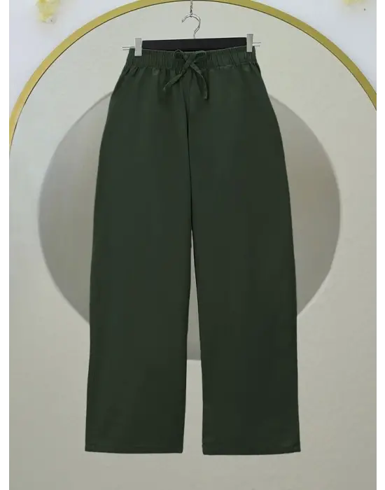 Bağcık Detaylı Bol Paça Beli Lastikli Keten Pantolon -Haki